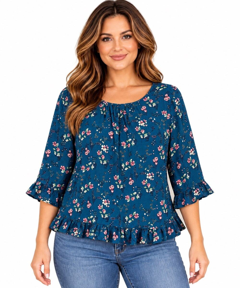 Gap Womens Teal Pink Floral Blouse Shirt S 3/4 Ruffle Sleeve Feminine Romantic